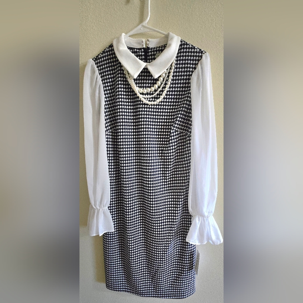 Shelby & Palmer Black and White Houndstooth Dress with Pearl Necklace